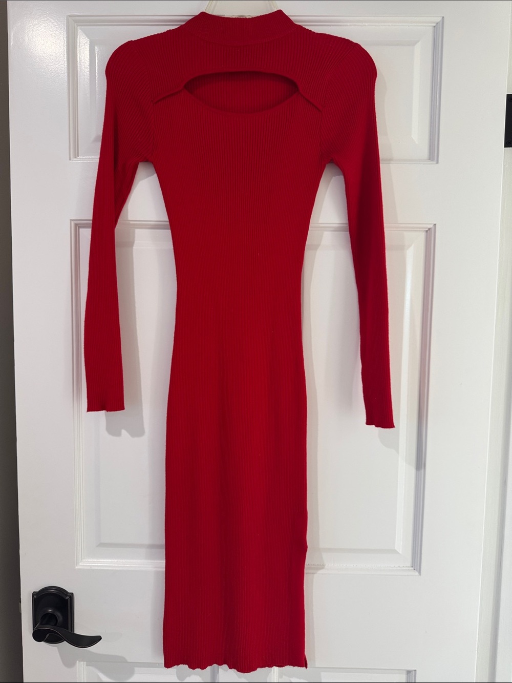 Say What? Red Long Sleeve Ribbed Cutout Midi Dress